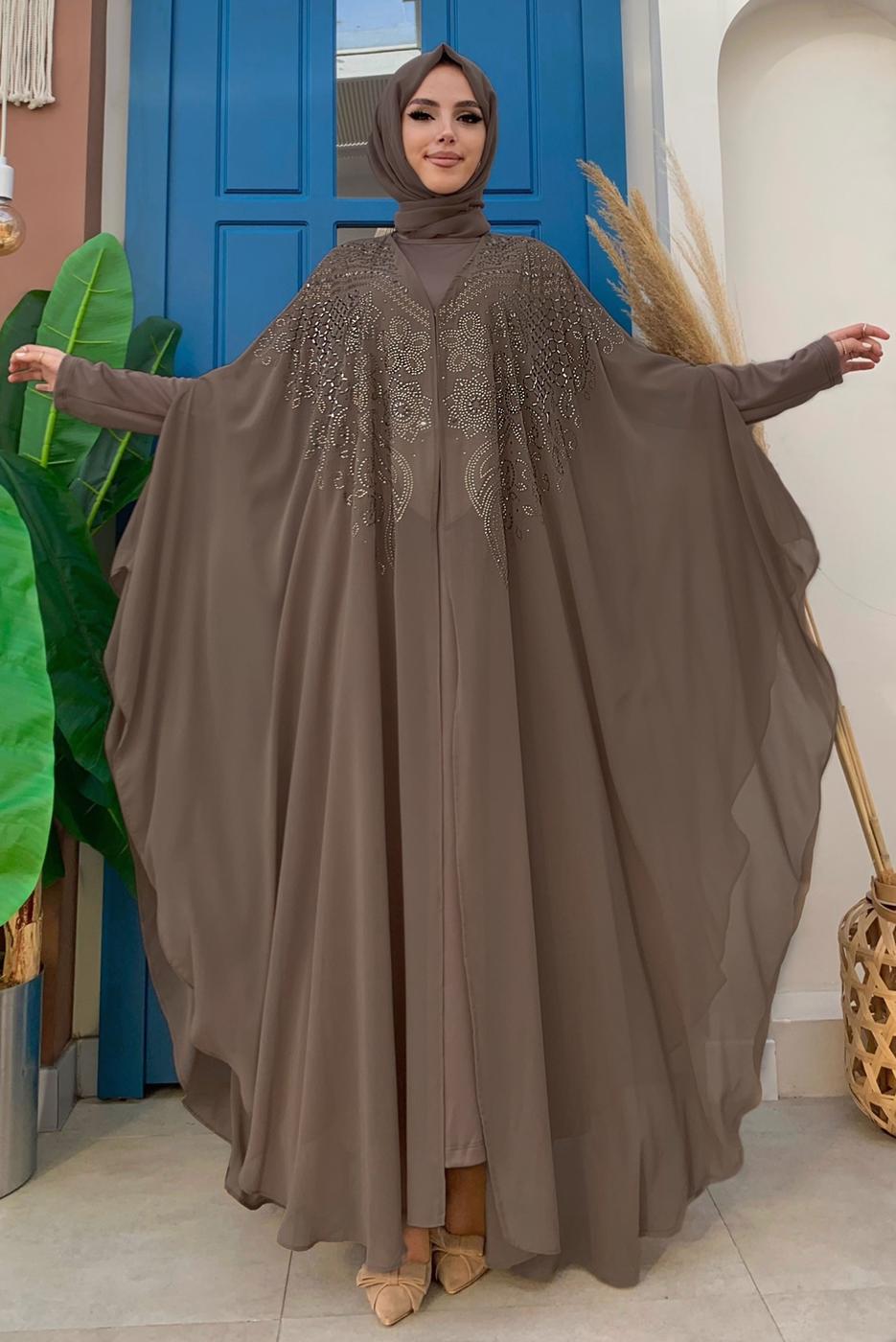 Tesettür giyim VİZON ŞİFON PELERİNLİ ELBİSELİ ABİYE TAKIM T 1563-1