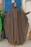 Tesettür giyim VİZON ŞİFON PELERİNLİ ELBİSELİ ABİYE TAKIM T 1563-1