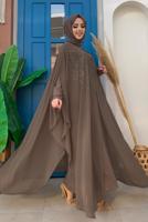 Tesettür giyim VİZON ŞİFON PELERİNLİ ELBİSELİ ABİYE TAKIM T 1563-1
