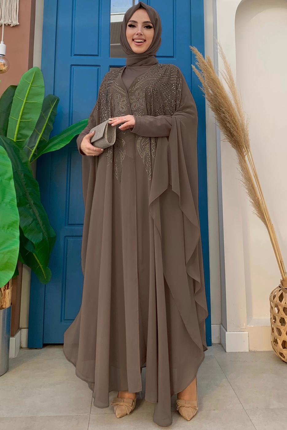 Tesettür giyim VİZON ŞİFON PELERİNLİ ELBİSELİ ABİYE TAKIM T 1563-1