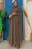Tesettür giyim VİZON ŞİFON PELERİNLİ ELBİSELİ ABİYE TAKIM T 1563-1