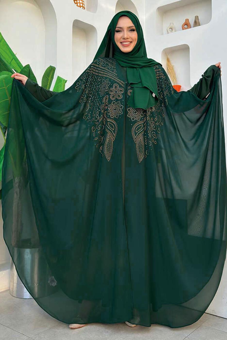 Tesettür giyim YEŞİL ŞİFON PELERİNLİ ELBİSELİ ABİYE TAKIM T 1563-1