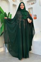 Tesettür giyim YEŞİL ŞİFON PELERİNLİ ELBİSELİ ABİYE TAKIM T 1563-1