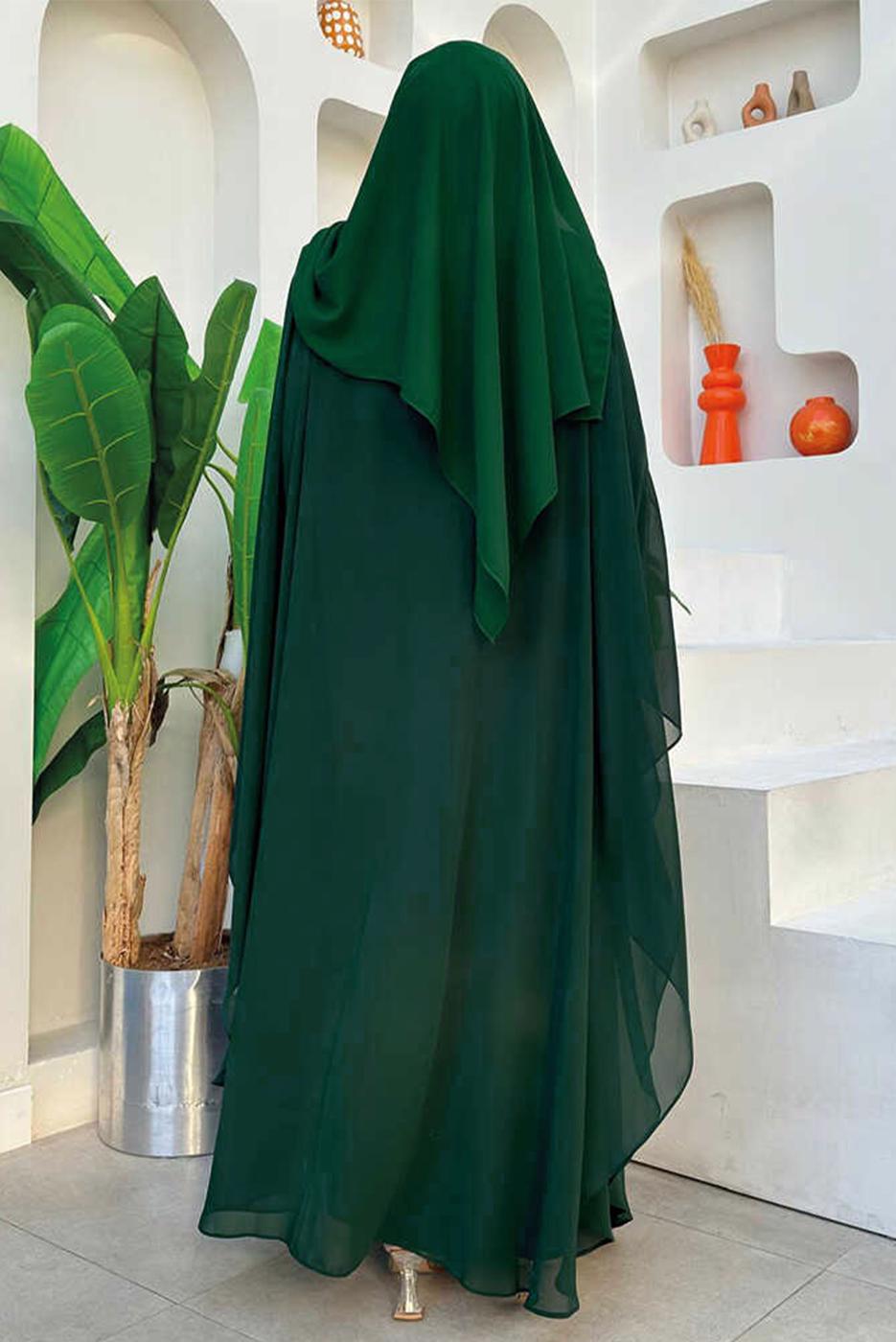 Tesettür giyim YEŞİL ŞİFON PELERİNLİ ELBİSELİ ABİYE TAKIM T 1563-1