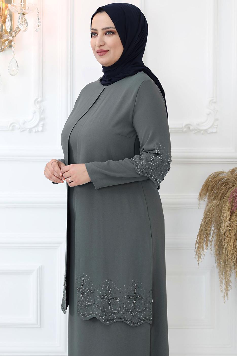 Tesettür giyim GRİ TAŞ İŞLEMELİ ABİYE ELBİSE T 1621