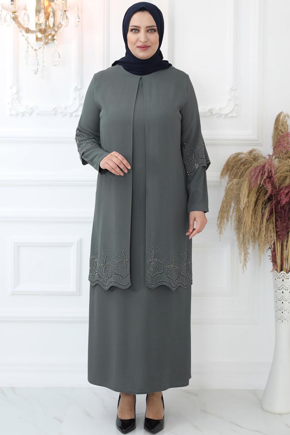 Tesettür giyim GRİ TAŞ İŞLEMELİ ABİYE ELBİSE T 1621