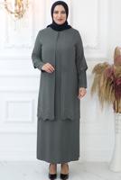 Tesettür giyim GRİ TAŞ İŞLEMELİ ABİYE ELBİSE T 1621
