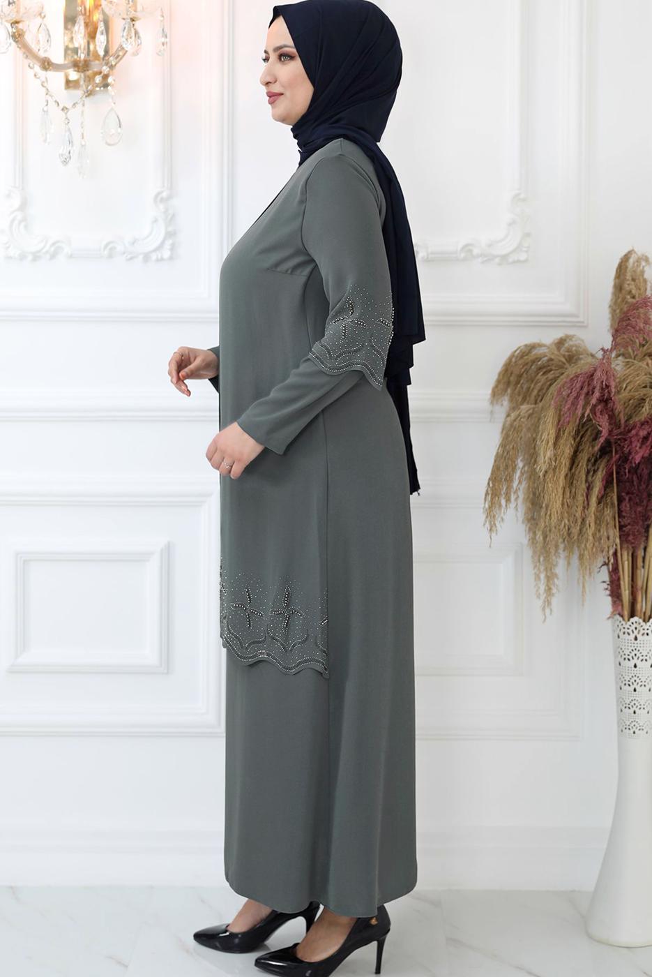 Tesettür giyim GRİ TAŞ İŞLEMELİ ABİYE ELBİSE T 1621
