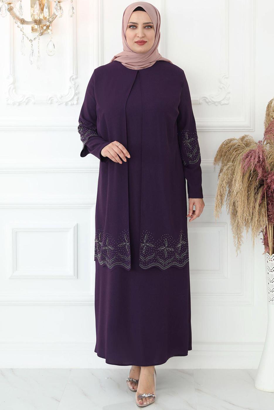 Tesettür giyim MÜRDÜM TAŞ İŞLEMELİ ABİYE ELBİSE T 1621