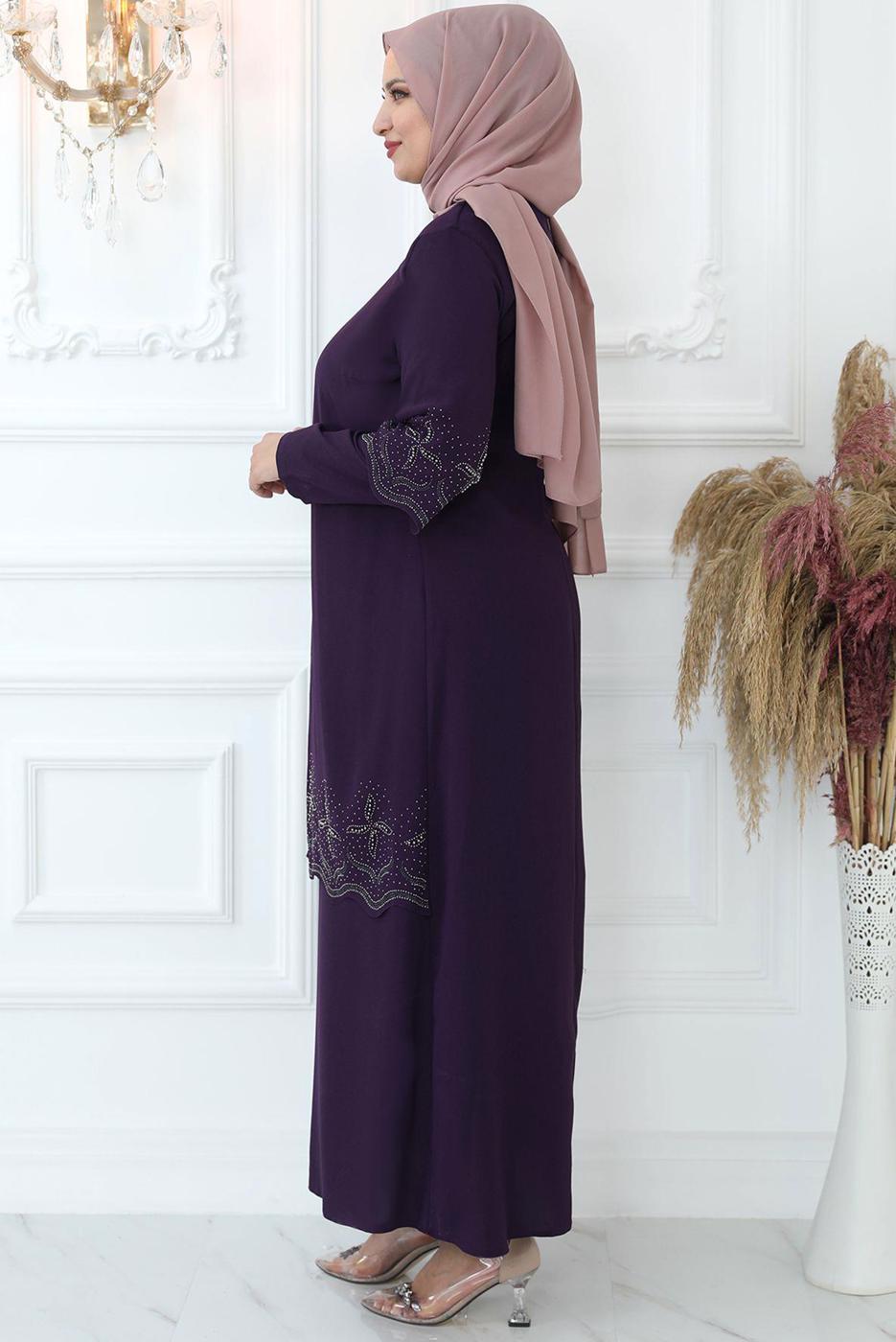 Tesettür giyim MÜRDÜM TAŞ İŞLEMELİ ABİYE ELBİSE T 1621