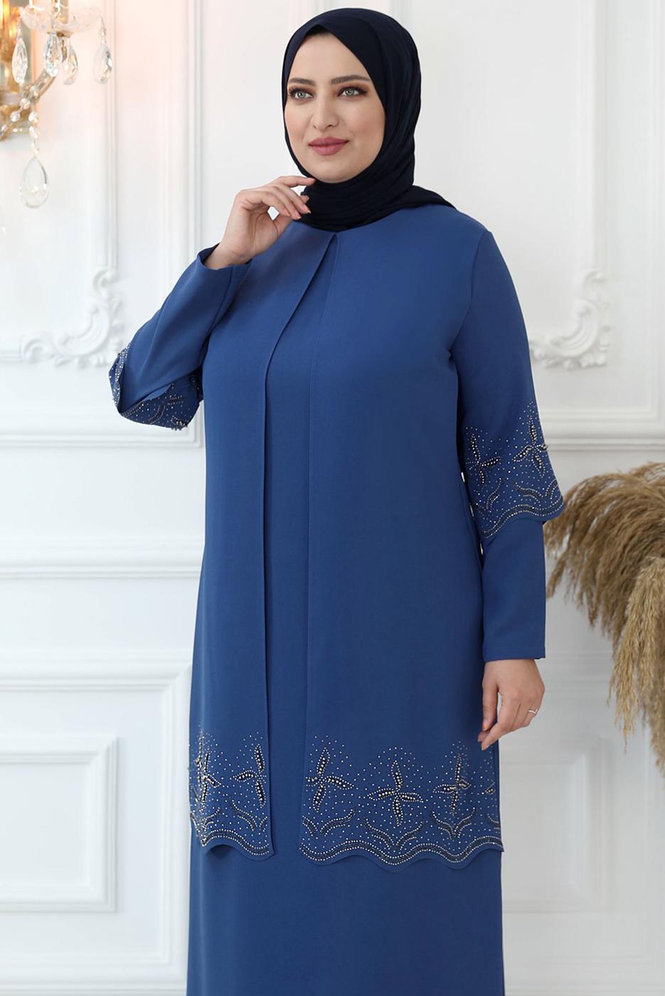 Tesettür giyim LACİVERT TAŞ İŞLEMELİ ABİYE ELBİSE T 1621