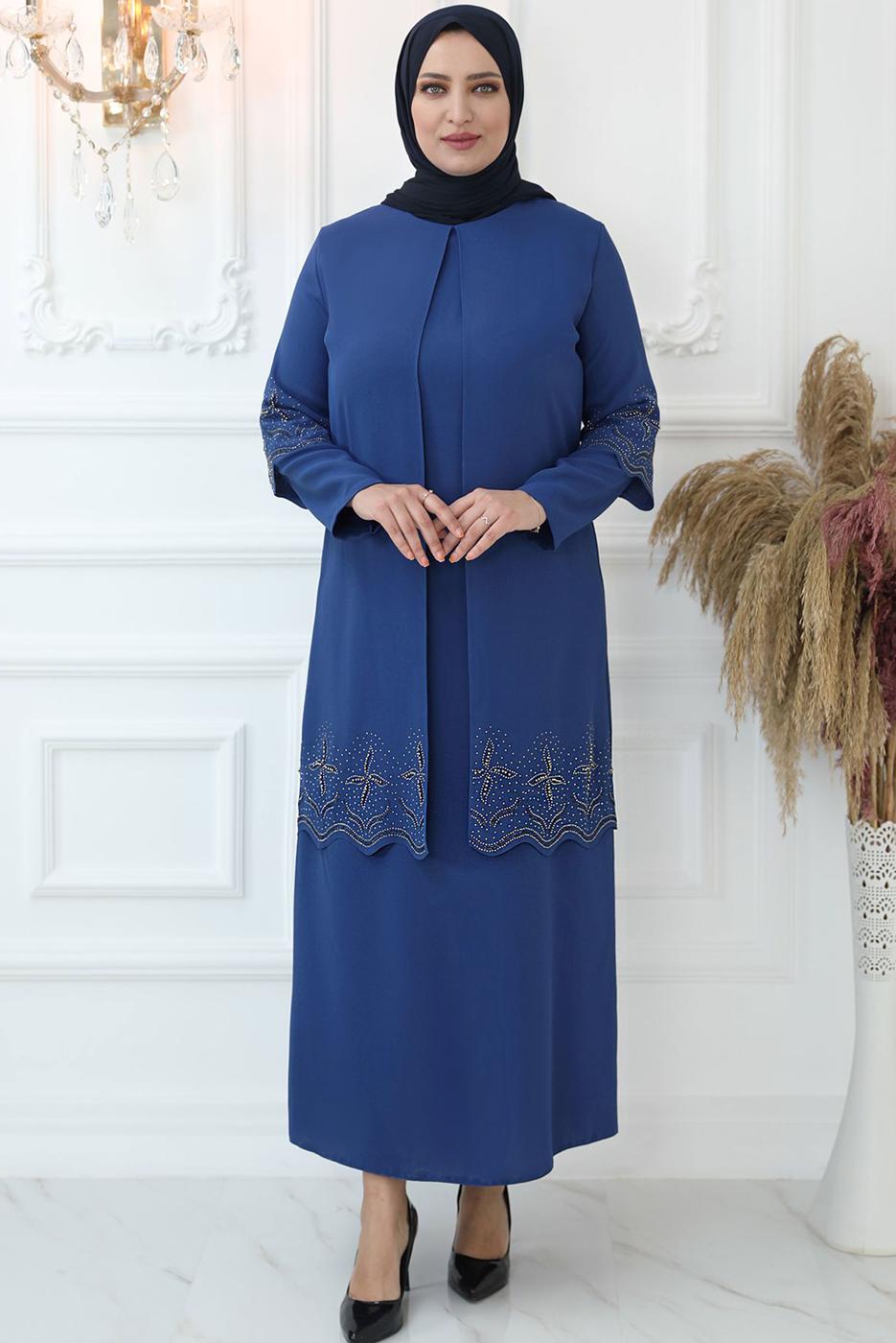 Tesettür giyim LACİVERT TAŞ İŞLEMELİ ABİYE ELBİSE T 1621