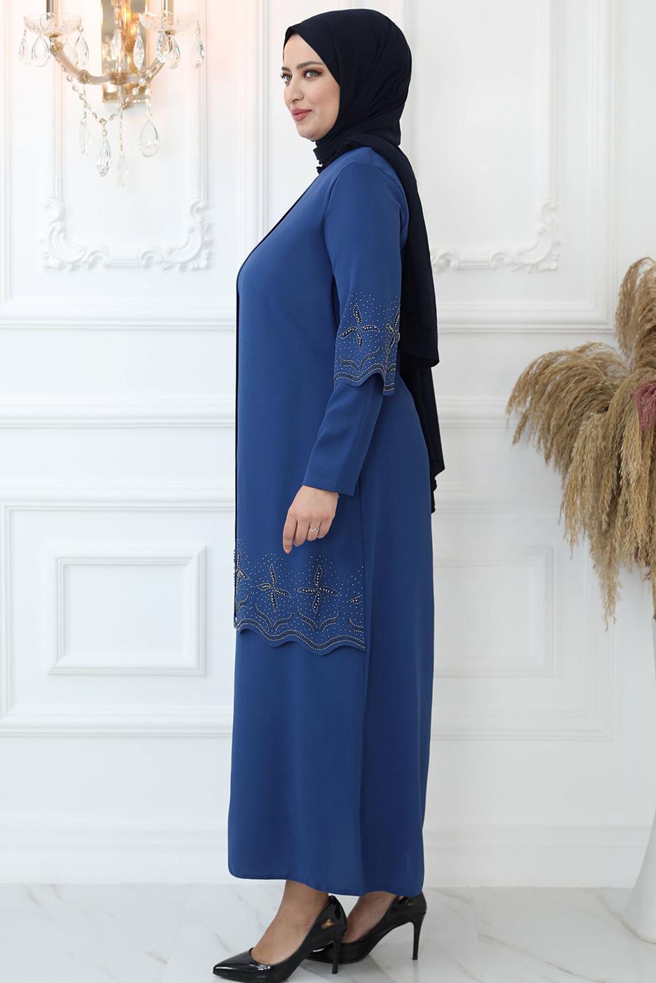 Tesettür giyim LACİVERT TAŞ İŞLEMELİ ABİYE ELBİSE T 1621