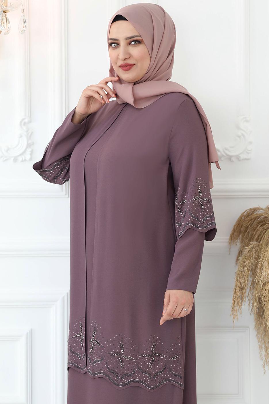 Tesettür giyim PEMBE TAŞ İŞLEMELİ ABİYE ELBİSE T 1621
