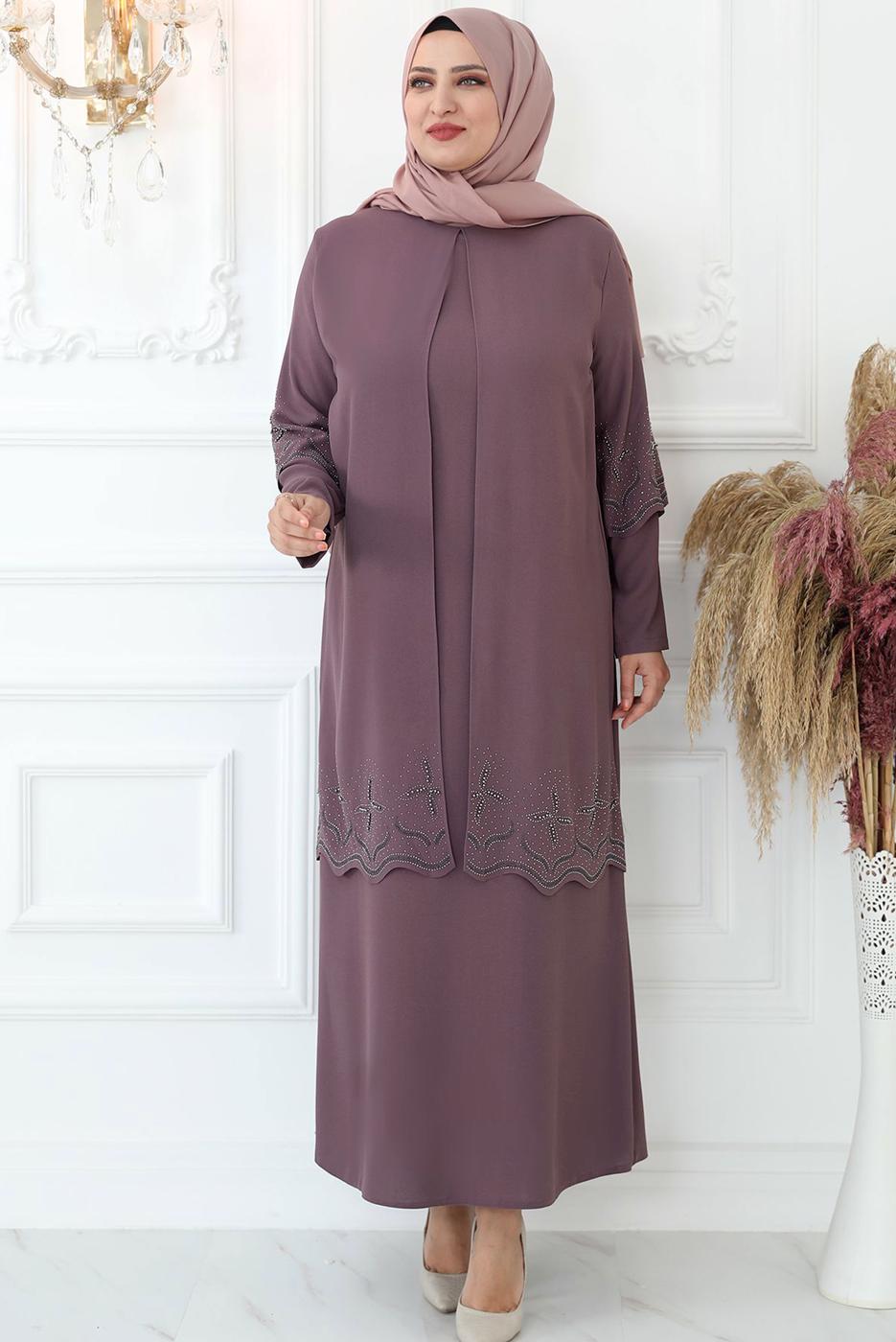 Tesettür giyim PEMBE TAŞ İŞLEMELİ ABİYE ELBİSE T 1621