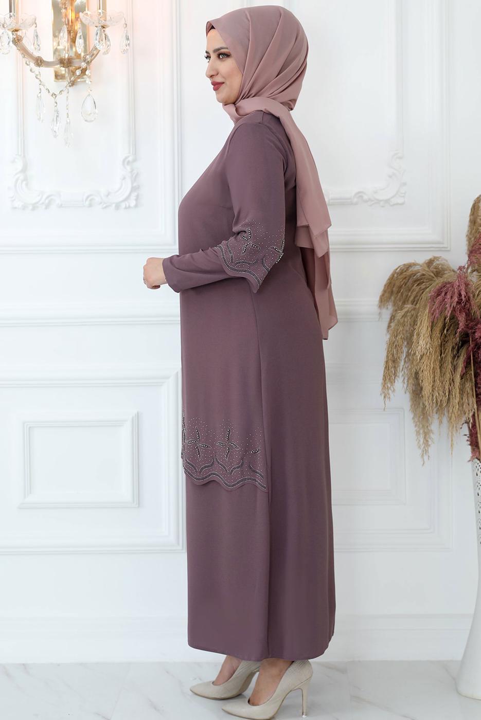 Tesettür giyim PEMBE TAŞ İŞLEMELİ ABİYE ELBİSE T 1621