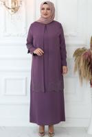 Tesettür giyim MOR TAŞ İŞLEMELİ ABİYE ELBİSE T 1621