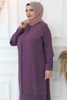 Tesettür giyim MOR TAŞ İŞLEMELİ ABİYE ELBİSE T 1621