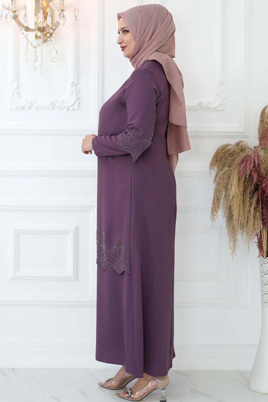 Tesettür giyim MOR TAŞ İŞLEMELİ ABİYE ELBİSE T 1621