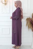 Tesettür giyim MOR TAŞ İŞLEMELİ ABİYE ELBİSE T 1621