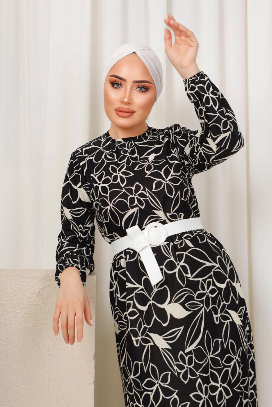 Tesettür giyim SİYAH DESENLİ MANŞETLERİ LASTİKLİ KEMERLİ ELBİSE T 1803