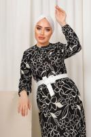 Tesettür giyim SİYAH DESENLİ MANŞETLERİ LASTİKLİ KEMERLİ ELBİSE T 1803