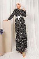 Tesettür giyim SİYAH DESENLİ MANŞETLERİ LASTİKLİ KEMERLİ ELBİSE T 1803