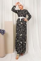 Tesettür giyim SİYAH DESENLİ MANŞETLERİ LASTİKLİ KEMERLİ ELBİSE T 1803