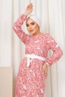 Tesettür giyim PUDRA DESENLİ MANŞETLERİ LASTİKLİ KEMERLİ ELBİSE T 1803