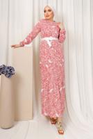 Tesettür giyim PUDRA DESENLİ MANŞETLERİ LASTİKLİ KEMERLİ ELBİSE T 1803