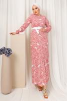 Tesettür giyim PUDRA DESENLİ MANŞETLERİ LASTİKLİ KEMERLİ ELBİSE T 1803