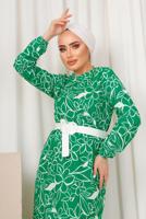 Tesettür giyim YEŞİL DESENLİ MANŞETLERİ LASTİKLİ KEMERLİ ELBİSE T 1803