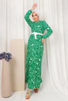 Tesettür giyim YEŞİL DESENLİ MANŞETLERİ LASTİKLİ KEMERLİ ELBİSE T 1803