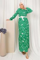 Tesettür giyim YEŞİL DESENLİ MANŞETLERİ LASTİKLİ KEMERLİ ELBİSE T 1803