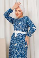 Tesettür giyim LACİVERT DESENLİ MANŞETLERİ LASTİKLİ KEMERLİ ELBİSE T 1803