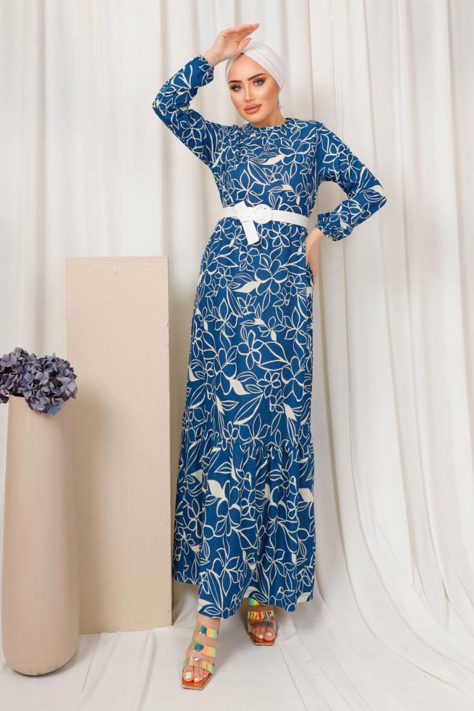 Tesettür giyim LACİVERT DESENLİ MANŞETLERİ LASTİKLİ KEMERLİ ELBİSE T 1803