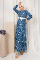 Tesettür giyim LACİVERT DESENLİ MANŞETLERİ LASTİKLİ KEMERLİ ELBİSE T 1803