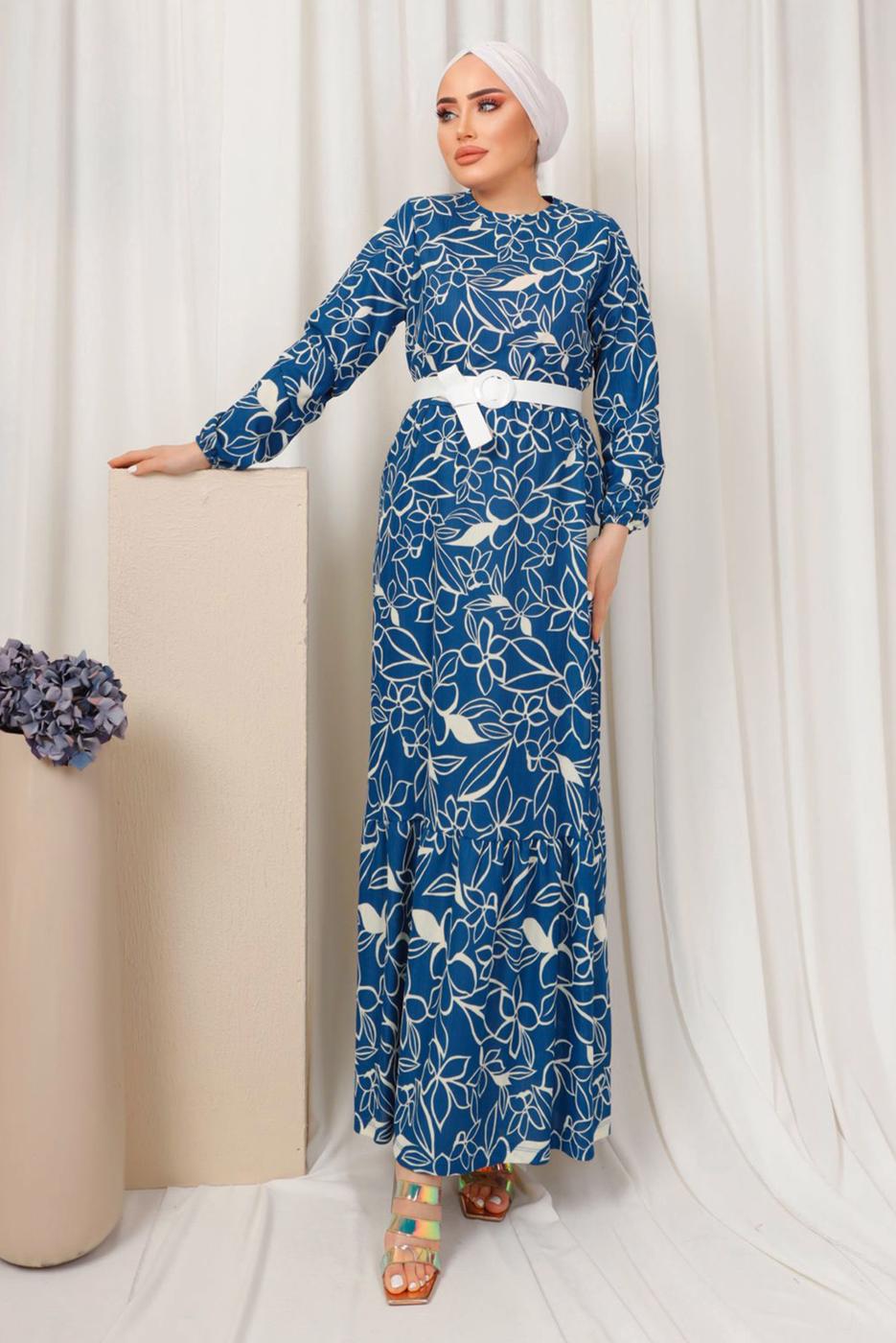 Tesettür giyim LACİVERT DESENLİ MANŞETLERİ LASTİKLİ KEMERLİ ELBİSE T 1803