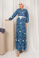 Tesettür giyim LACİVERT DESENLİ MANŞETLERİ LASTİKLİ KEMERLİ ELBİSE T 1803