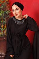 Tesettür giyim SİYAH YAKASI ZİNCİRLİ KUŞAKLI ELBİSE T 2003