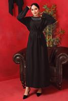 Tesettür giyim SİYAH YAKASI ZİNCİRLİ KUŞAKLI ELBİSE T 2003