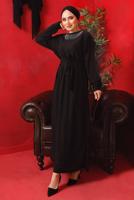 Tesettür giyim SİYAH YAKASI ZİNCİRLİ KUŞAKLI ELBİSE T 2003