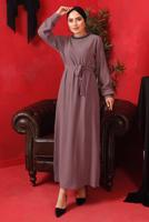 Tesettür giyim MOR YAKASI ZİNCİRLİ KUŞAKLI ELBİSE T 2003