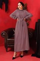 Tesettür giyim MOR YAKASI ZİNCİRLİ KUŞAKLI ELBİSE T 2003