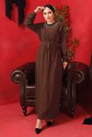 Tesettür giyim KAHVE YAKASI ZİNCİRLİ KUŞAKLI ELBİSE T 2003