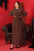 Tesettür giyim KAHVE YAKASI ZİNCİRLİ KUŞAKLI ELBİSE T 2003