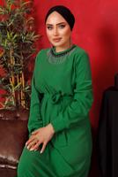 Tesettür giyim YEŞİL YAKASI ZİNCİRLİ KUŞAKLI ELBİSE T 2003