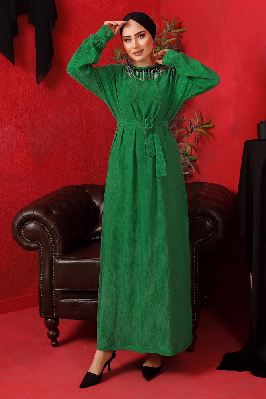 Tesettür giyim YEŞİL YAKASI ZİNCİRLİ KUŞAKLI ELBİSE T 2003