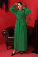 Tesettür giyim YEŞİL YAKASI ZİNCİRLİ KUŞAKLI ELBİSE T 2003