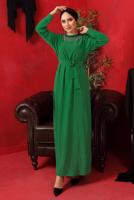 Tesettür giyim YEŞİL YAKASI ZİNCİRLİ KUŞAKLI ELBİSE T 2003